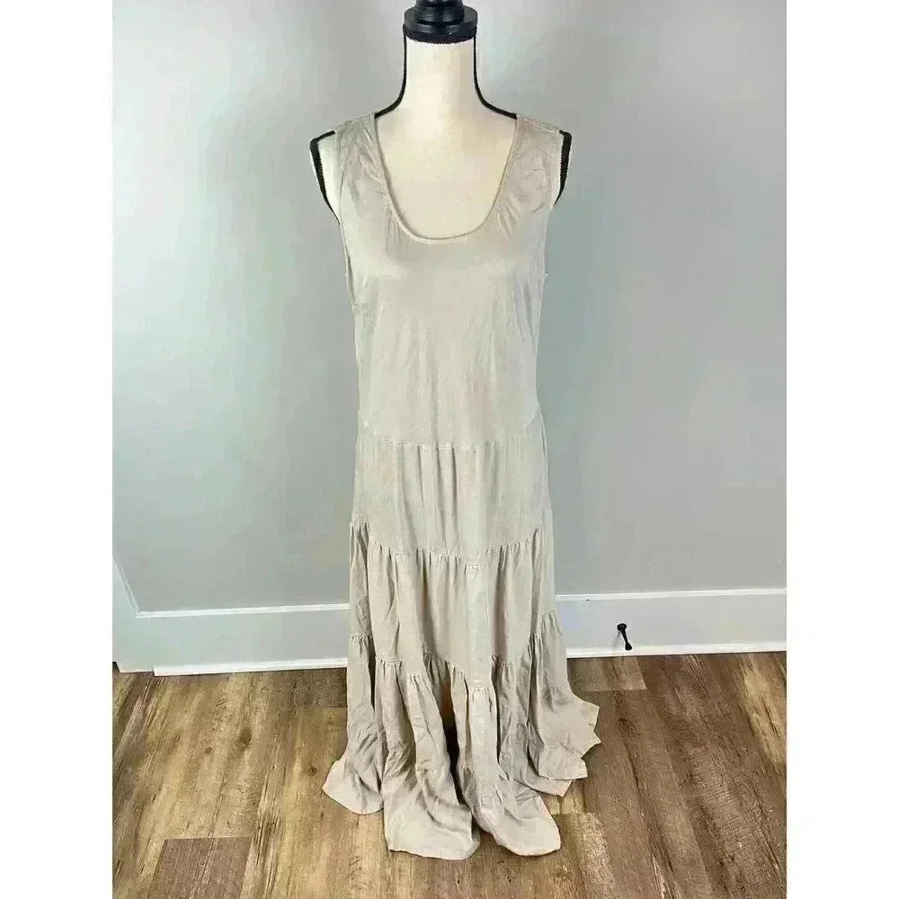 Soft Surroundings Tiered Linen Blend Maxi Dress Size 10 Sleeveless Beige Long